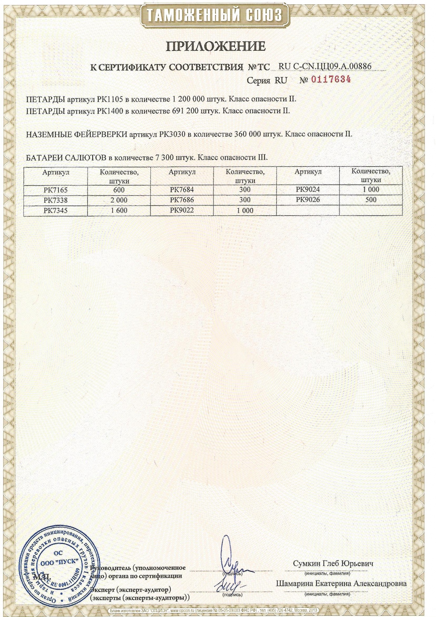 Приложение к сертификату Корсар - 4 (арт. РК1400)