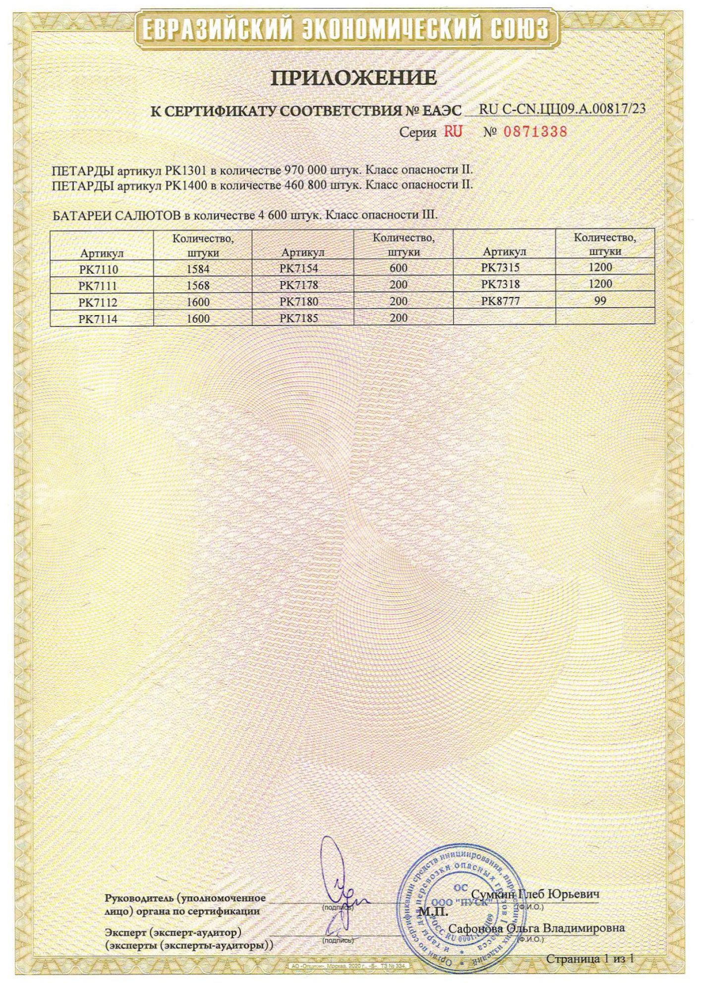 Приложение к сертификату Царский 0,8"/1,0" х 238 (арт. РК8777)